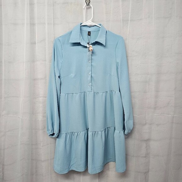 NWT Roylamp Blue Boho Shirt Dress Tiered Minimalist S - Picture 8 of 13